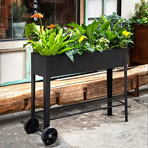 Piksedo Raised Garden Bed, Elevated Planter Metal Plant Box with Wheels with Legs Standing Garden Stand Drainage Holes Frosted Black - size: 40" L x 11" W x 31.5" H
