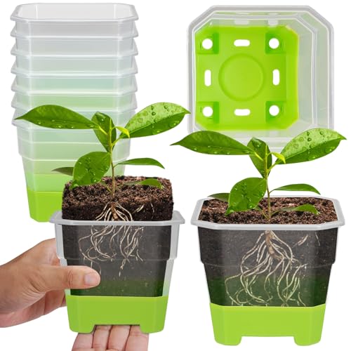 Aobiono 10 Packs 4 Inch Clear Nursery Pots with Reinforced Silicone Base for Easy Transplant, Reusable Seed Starter Seedling Small Plant Flower Pots with Drainage (Green, 10 Packs) - color: Green