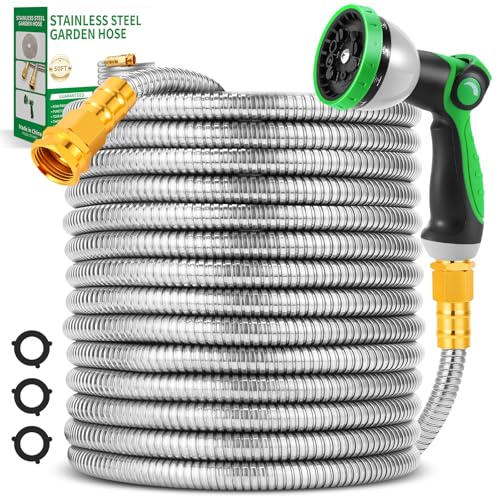 Garden Hose 50FT, Stainless Steel Metal Water Hose with 10-Function Nozzle - color: Silver