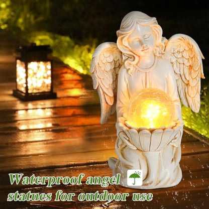 Angel Garden Statues, Outdoor Angel Holding Lotus with Crackled Glass Globe - style: Lotus