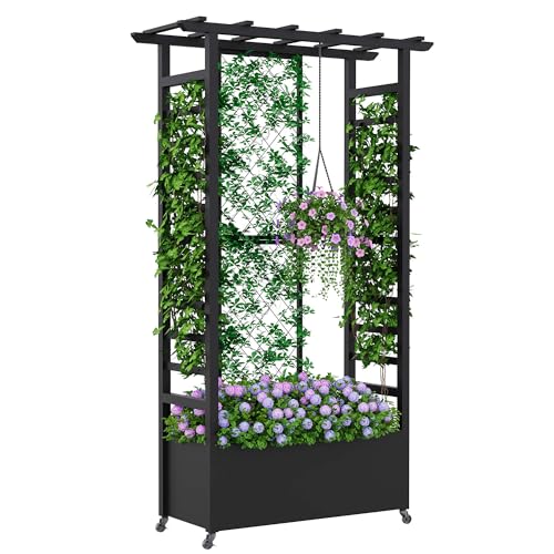 Raised Garden Bed with Trellis & Hanging Roof, Weatherproof Metal Planter Box with Wheels, Garden Arch Trellis for Outdoor Climbing Plants Vines Flowers, 74" H x 44" L x 17" W, Black - color: Black, size: 74" x 44" x 17"