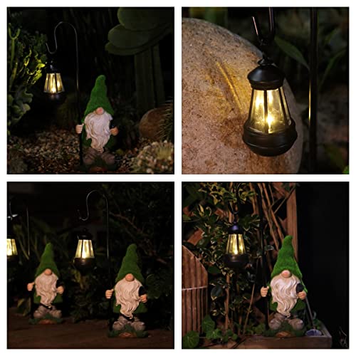 Flocked Garden Gnome Statue with Solar LED Light, Large Funny Fairy Gnomes Figurines with Solar Lantern, Outdoor Fall Decorations for Yard Lawn, Tall 15.8 Inch