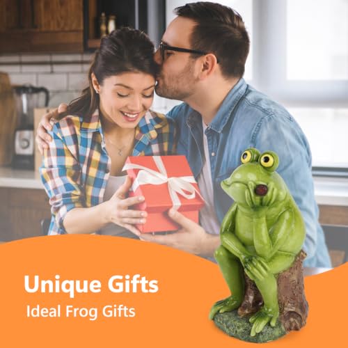 Frog Garden Statue with Solar Light for Outside, Funny Frog Figurine