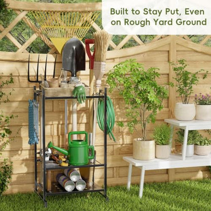 Garden Tool Organizer with Leveling Feet, Yard Tool Tower Rack for Garage Organization, Up to 25 Long-Handled Tools/Rakes/Brooms for Shed, Outdoor, Black