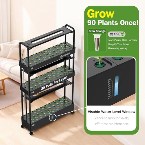 Growell 90 Pods Large Hydroponics Growing System Kit, Indoor Herb Garden - color: Black, size: 36" - 3 Tier (90 Pods)