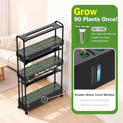 Growell 90 Pods Large Hydroponics Growing System Kit, Indoor Herb Garden - color: Black, size: 36" - 3 Tier (90 Pods)