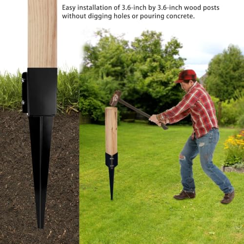Fence Post Anchor 32 inch Ground Spike Heavy Duty Black Powder Coated Fence Stakes Post Base for Mailbox, 32 x 4 x 4 Inches Outer Diameter (Inner Diameter 3.6 x3.6 Inches), Pack of 4 - size: 32 inch