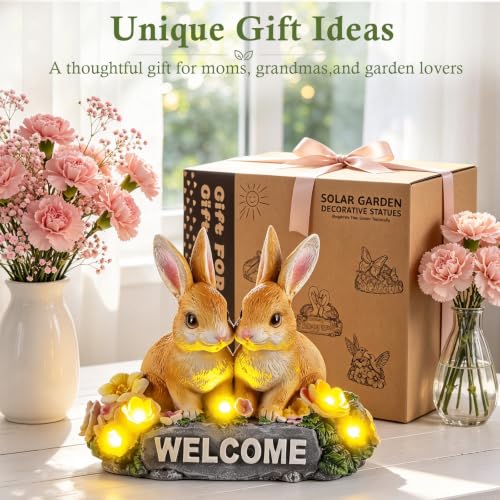 Solar Rabbit Garden Statue 5.9" Resin Bunny Statue with Welcome Sign - style: Rabbit