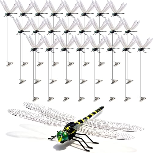 24 Pack 3D Dragonfly Clips, Fake Dragonflies with Stakes, Realistic Plastic Dragonfly Garden Decorations, Fly Deterrent Clips for Hats, Pets, Horses, Deer, Yard, Patio, Indoor & Outdoor Decor - color: 24Pack