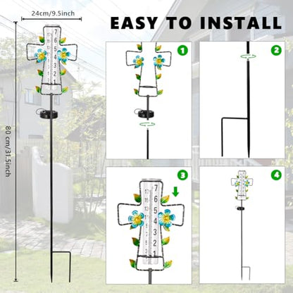 Solar Rain Gauge Outdoor with Lights,7” Glass Tube Cross Rain Gauge - color: Blue Cross