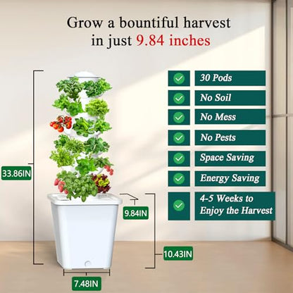 Hydroponics Growing System, 30-Plant Indoor Hydroponic Tower with Pump System, Plants Germination Kit, Smart Aeroponic Herb Garden, Vertical Hydroponic System for Gardening Lover (No Seed) - color: White
