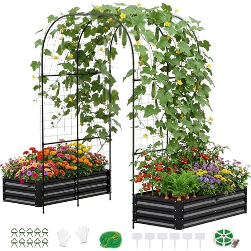 DoCred 4x2x1Ft Raised Garden Bed with 87"H Arch Trellis for Climbing Plants - color: Black