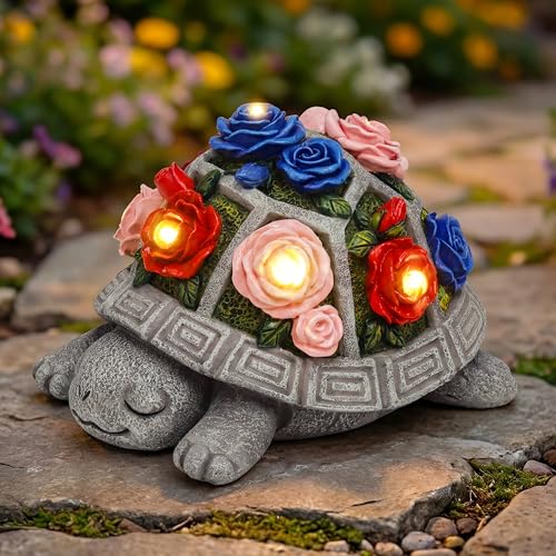 Solar Garden Decor Outdoor Turtle Statue with Multi-Color Rose Flowers & 7 LED Lights – Outside Tortoise Decoration for Lawn Yard Patio Backyard - Home House Art - Gift for Men Dad Women Mom - color: Turtle-3 Color Roses