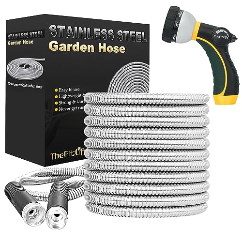 TheFitLife Flexible Metal Garden Hose - Upgrade Leak and Fray Resistant Design, Stainless Steel Water Hose with Solid Fittings and Sprayer Nozzle, Lightweight Kink Free Durable Easy Storage (50 FT) - size: 50 FT