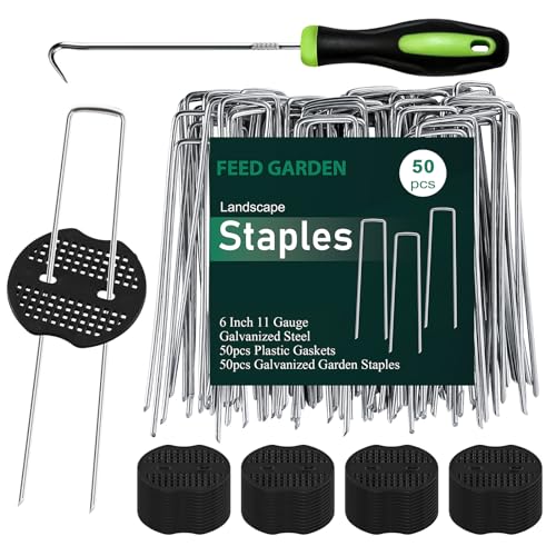 FEED GARDEN Landscape Staples 6 Inch 50 Pack Kit, Heavy Duty 11 Gauge Hot-Dip Galvanized Garden Stakes with 50 Gaskets & 1 Pick Hook for Weed Barrier, Landscape Fabric, Sod, Turf & Garden Edging - color: Silver