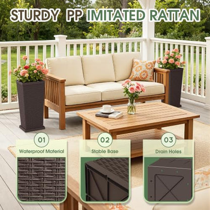 Set of 2 24 Inch Tall Plastic Planters with Drainage Saucers, Brown - color: Brown, size: 24 inch with Trays