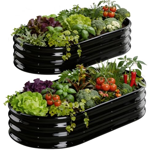 Rakukiri Raised Garden Bed Outdoor, GRS Certified Recycled Metal Planter Box 2 Sets, 4FT Galvanized Oval Herb Garden Kit, Bottomless Large Garden Beds for Vegetables Flowers, Rust-Resistant Black - color: Black