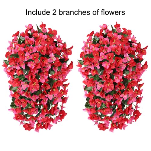 2 PCS Bougainvillea Artificial Hanging Flowers Plants for Outdoors, Mix - color: Hot Pink + Red