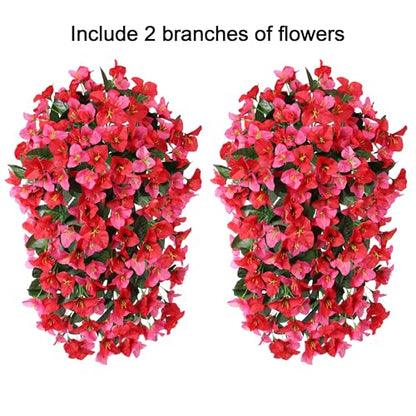 2 PCS Bougainvillea Artificial Hanging Flowers Plants for Outdoors, Mix - color: Hot Pink + Red