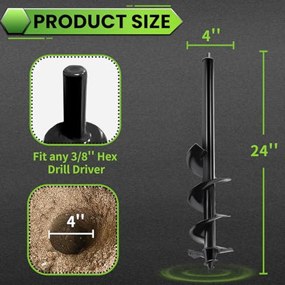 Auger Drill Bit for Planting - 4"X24" Heavy-Duty Auger Post Hole Digger for Fence- 3/8" Hex Drive Drill