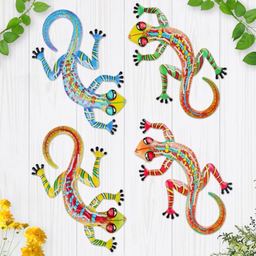 Junware 4 Pcs Metal Gecko Wall Art Outdoor Decor Metal Lizards Wall Decor Lizard 6.9 * 11 Inch Suitable for Hanging in Yard Garden Patio Fence Home, Idea Gifts for Mom Father Friends - color: Gecko-a