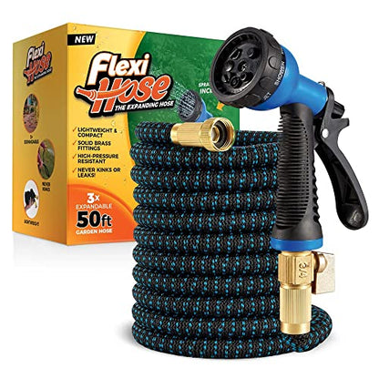 Flexi Hose Expandable Garden Hose with 8 Function Nozzle, 50FT - Lightweight Retractable Garden Hose, Water Hose - No-Kink Flexibility, 3/4 Inch Solid Brass Fittings and Double Latex Core - size: 50ft