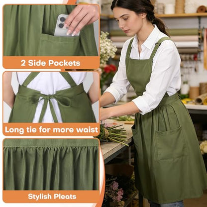 Cross Back Pinafore Apron Dress for Women, Olive Green Garden Apron