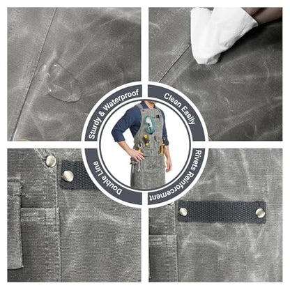 Woodworking Apron for Men,Poly Cotton Heavy Duty Waterproof Waxed Canvas Welding Apron with 9 Tool Pockets - color: Grey