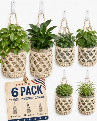 6 Pack Macrame Hanging Wall Planters,Cotton Baskets, 3 Sizes for Pots