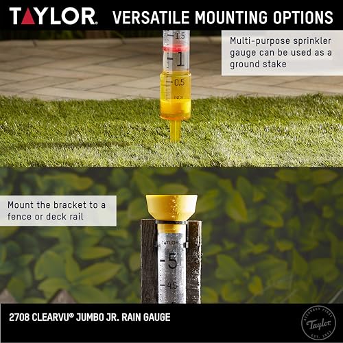 Taylor Jumbo JR Rain Gauge, Measure and Monitor Precipitation, Easy to Read for Backyard, Patio, Garden, and Lawn, 5-inch, Yellow