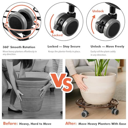 Planterhoma 3 Pack Plant Caddy with Wheels & Saucers, 11.8" Heavy Duty Metal Rolling Plant Stand, Plant Dolly with Lockable Casters, Rustproof Iron Planter Mover for Indoor Outdoor, Bronze - color: Bronze