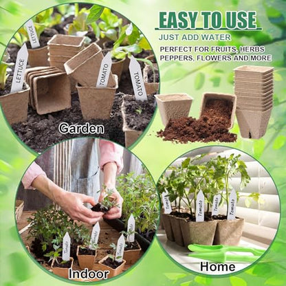 500 Sets Seed Starter Plant Pot Kit, 2.36" Square Peat Pots, Compressed Coir Fiber Potting Soil, Biodegradable Nursery Pot Bulk, Garden Germination Container with Planting Labels for Plant