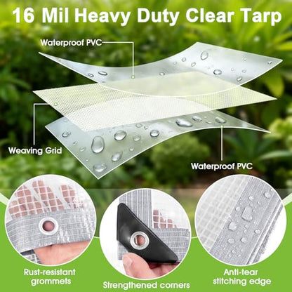 16 Mil Clear Plastic Tarps Heavy Duty Waterproof 6x8 FT,Green House Plastic Covering Sheeting,UV Resistant Greenhouse Cover Clear Tarp with Grommets for Garden,Farms,Nursery,Chicken Coop Winter Wrap - size: 6FT x 8FT 16Mil