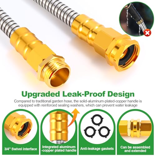 Garden Hose 50FT, Stainless Steel Metal Water Hose with 10-Function Nozzle - color: Silver