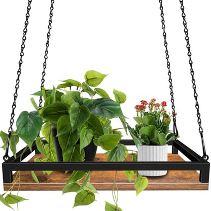 Plant Hanger Indoor, 16" Wooden Hanging Plant Holder with Metal Frame - size: Large