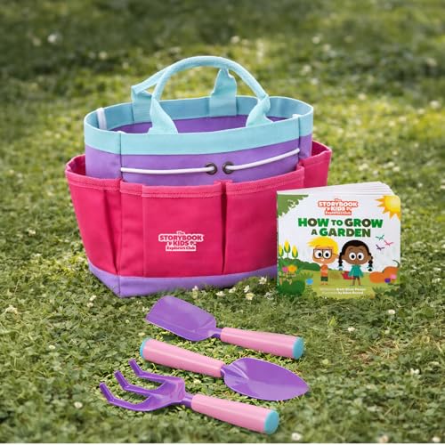 Pink Kids Gardening Tools - Includes Sturdy Tote Bag, Watering Can, Gloves, Shovels, Garden Stakes, and a Delightful Children's Book How to Garden Tale - Kids Garden Tool Set for Toddler Age on up. - color: Pink