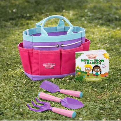 Pink Kids Gardening Tools - Includes Sturdy Tote Bag, Watering Can, Gloves, Shovels, Garden Stakes, and a Delightful Children's Book How to Garden Tale - Kids Garden Tool Set for Toddler Age on up. - color: Pink