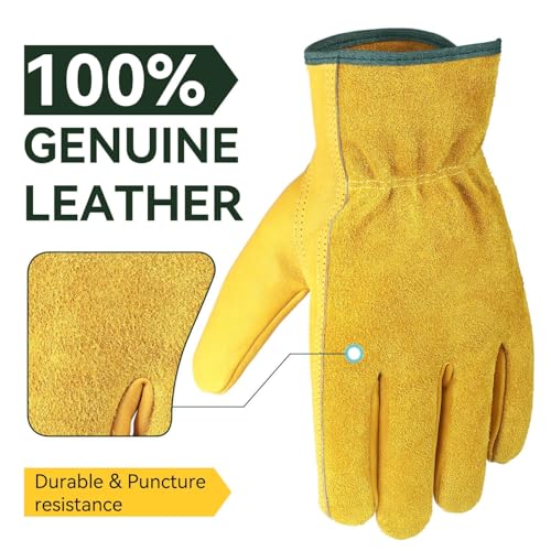 OZERO Leather Work Gloves, Gardening Gloves, Flex Grip, EN388, 1 Pair, M - color: Gold(1 Pair), size: Medium