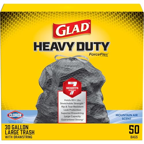 Glad ForceFlex Heavy Duty Trash Bags, Rip and Tear Resistant, Mountain Air Scented Black X-Large Garbage Bags, Odor Control, Febreze Freshness, 30 Gallon Trash Bags, 50 Count - size: 50 Count (Pack of 1)