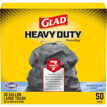 Glad ForceFlex Heavy Duty Trash Bags, Rip and Tear Resistant, Mountain Air Scented Black X-Large Garbage Bags, Odor Control, Febreze Freshness, 30 Gallon Trash Bags, 50 Count - size: 50 Count (Pack of 1)
