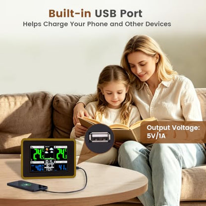 Weather Station Wireless Indoor Outdoor Thermometer, Alarm Clock - color: Black&Brown