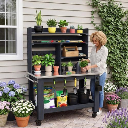 GDLF Large Potting Bench Table, Outdoor Kitchen Island with Stainless Top