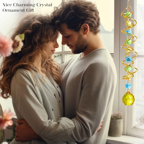 20.5in Yellow Crystal Gazing Ball Spiral Wind Spinner Suncatcher Decor - color: Gold With Yellow Ball Drop Prism