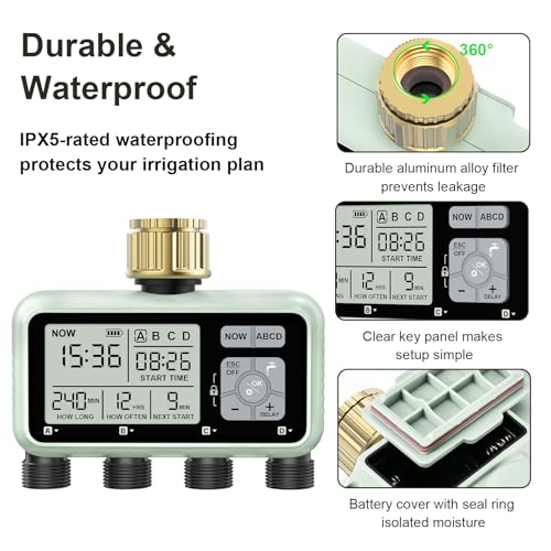 Watering Timer 4 Zone with with Brass Inlet, Sprinkler Timer 4 Outlet