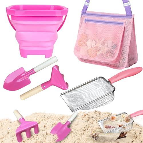 5 Pcs Sand Toys Beach Set Include 1 Metal Shovel,1 Metal Rake,1 Foldable Beach Bucket & 1 Sand Sifter with 1 Mesh Beach Bag for Shells Collecting - color: Beachset(pink)