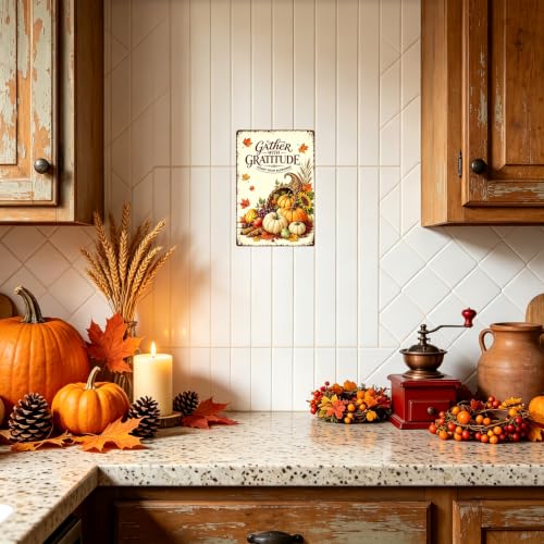 Gather With Gratitude Thanksgiving Metal Sign Harvest Wall Decor 8x12 Inch - color: Gather With Gratitude