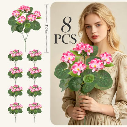 8 Bundles Artificial Geraniums,UV Resistant, Pink - color: Pink