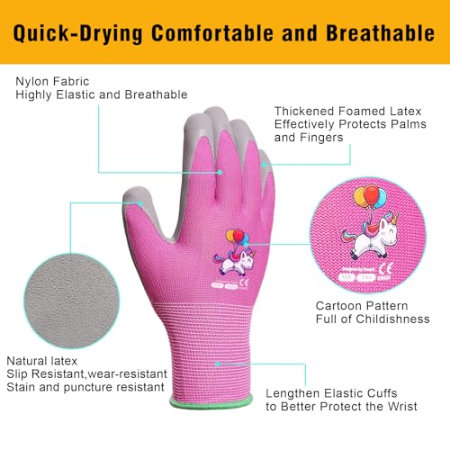 Kids Gardening Gloves, Latex Coated Toddler Yard Gloves, 6 Pairs (3-5 YRS) - color: Green & Blue & Pink (Pack of 6), size: 3X-Small