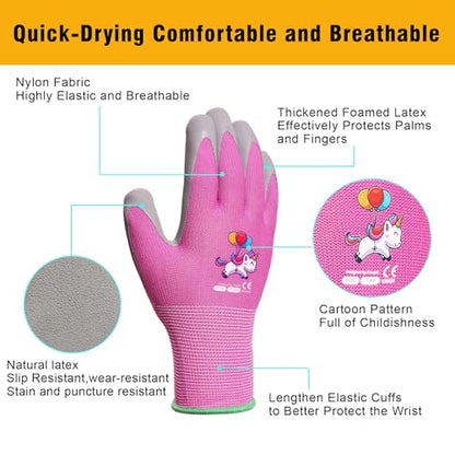 Kids Gardening Gloves, Latex Coated Toddler Yard Gloves, 6 Pairs (3-5 YRS) - color: Green & Blue & Pink (Pack of 6), size: 3X-Small