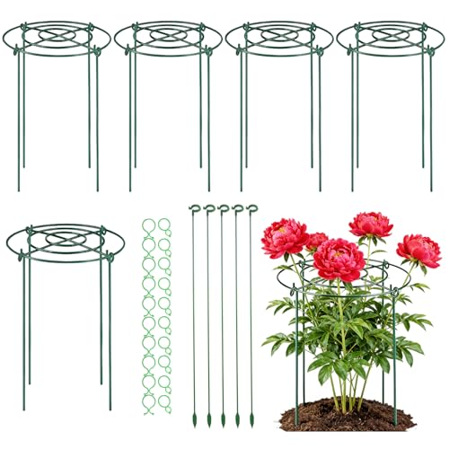 5 Pack Metal Peony Cages and Supports with 20 Plant Twist Clip Ties, Plant Support Stakes for Indoor Outdoor Plants, Tall Plant Holder Stick Kit, Plant Support Ring for Peony, Rose,Tomato, Hydrangea